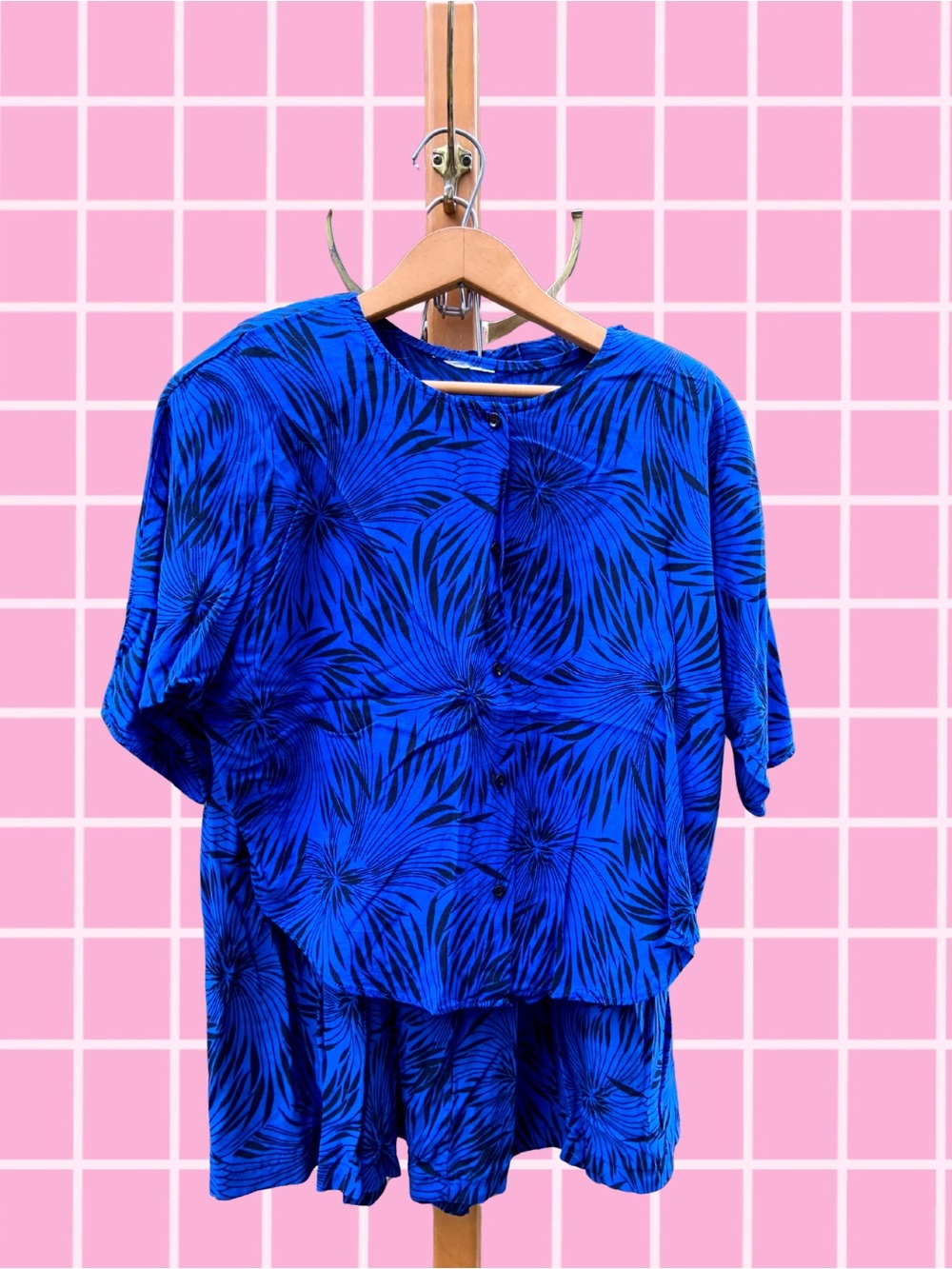 Vintage 2 Piece Skirt Set Blue and Black Floral Print - Size 9/10